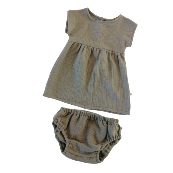 Muslin Dress and Pantaloon Set Olive Green