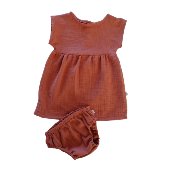 Muslin Dress and Pantaloon Set Brick Red